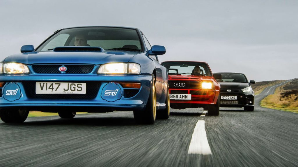 Audi Sport Quattro v Subaru Impreza 22B v Toyota GR Yaris