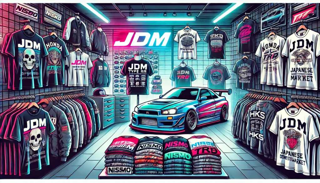 DALL·E 2025 02 04 23.21.52 A stylish illustration of a JDM Japanese Domestic Market apparel and accessories store. The scene features a modern neon lit shop with shelves stoc 1